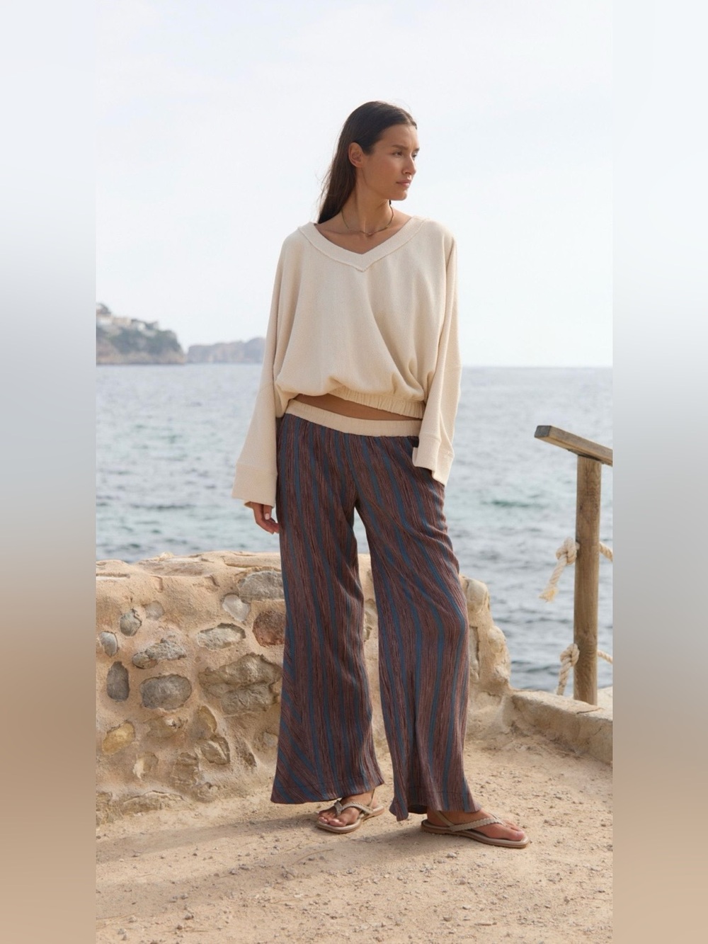 Free People S Free~est Bel Striped Flare Pants in Mocha Combo Cotton NWT NEW - Picture 3 of 8
